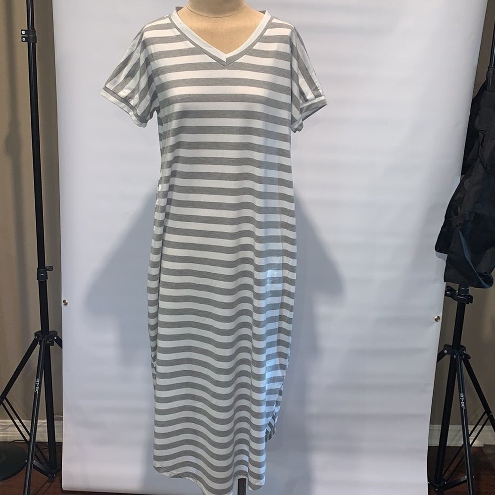 Tickled Teal gray and white striped caftan, Medium